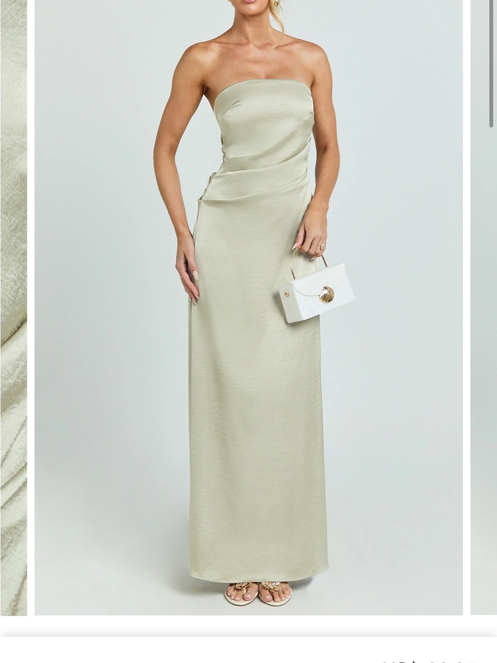 SHOWPO LAURIE MAXI DRESS - STRAPLESS DRAPED SATIN DRESS IN LIGHT OLIVE